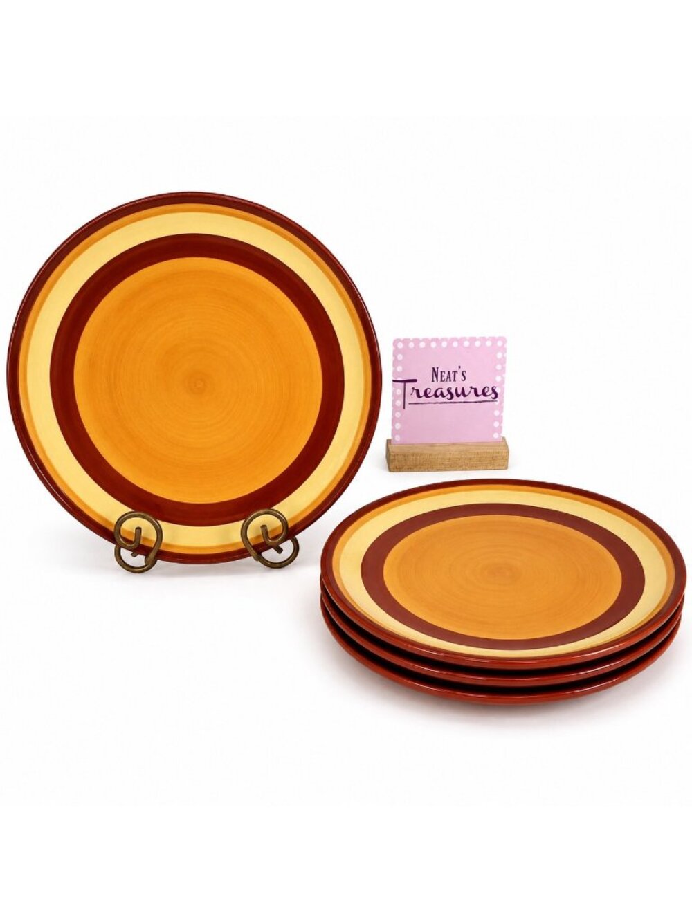 Gail Pittman SIENA Red Yellow Orange Bands Stoneware 11.25"  Dinner Plates Set 4